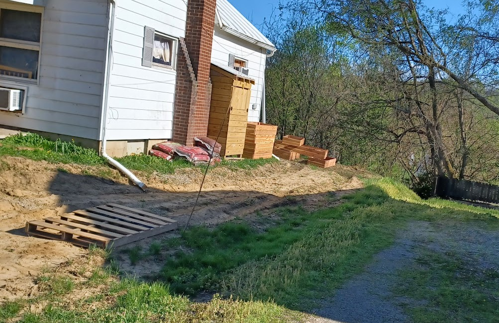 side yard with raised beds