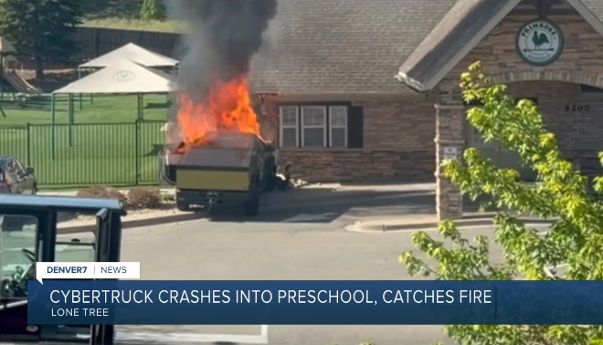 The Primrose School of Lone Tree was evacuated Wednesday morning after a Cybertruck crashed into the building and caught fire