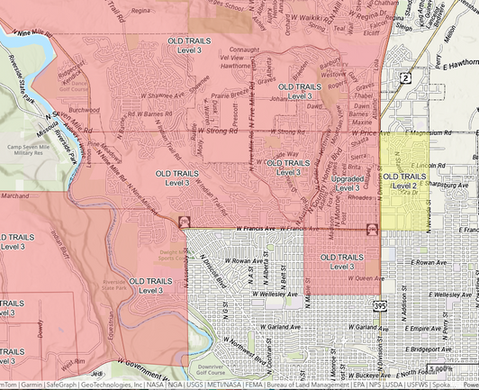 Map showing spokane and red zones